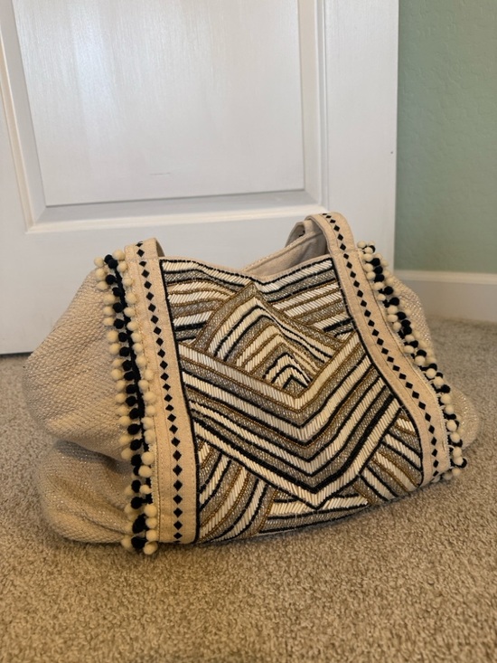 America & Beyond Handbags - Medium Cream Geometric Embroidered Tote with Black & Gold Trim